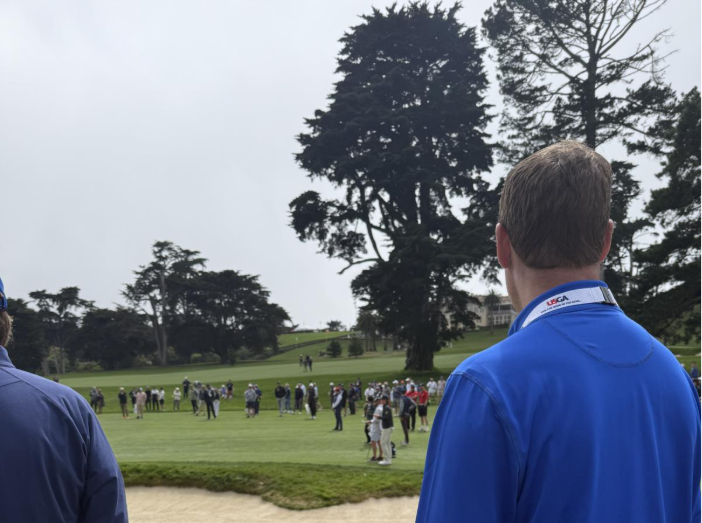 the back of someone looking at golf