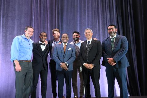 The arthroplasty faculty presented fellowship graduation certificates to Arthur McDowell, MD and Vibhu Banala, MD. From left to right: Derek Ward, MD; Anthony Wiggings, MD; fellowship director Jeff Barry, MD; Arthur McDowell, MD; Vibhu Banala, MD; Erik Hansen, MD; and Claudio Díaz Ledezma, MD. (Photo: UCSF Department of Orthopaedic Surgery) 